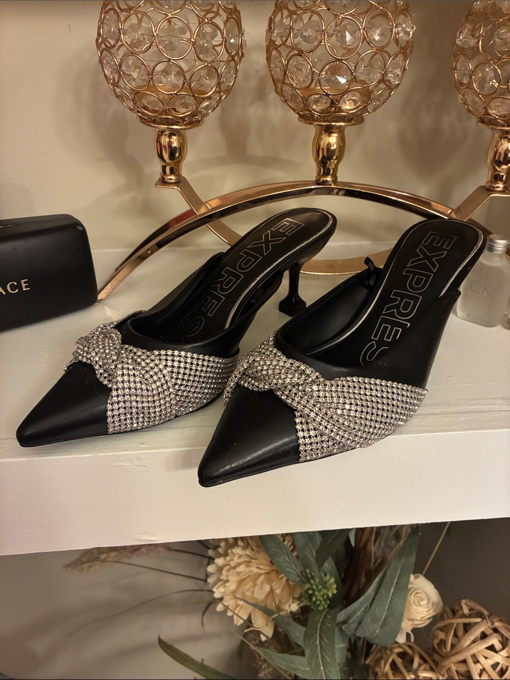 Express Black Pointed Kitten Heel Mules with Crystal Knot Detail